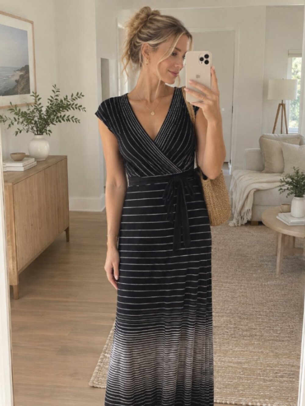 Black & White Striped Maxi Dress Draped Wrap Waist Dress Coastal Resort Dress